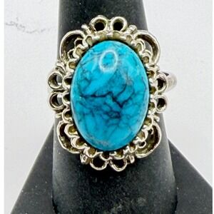 Turquoise Statement Ring Silver Tone Ornate Boho Southwestern Ring Size 7.75
